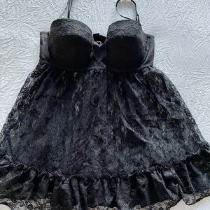 Black lace chemise with matching thong